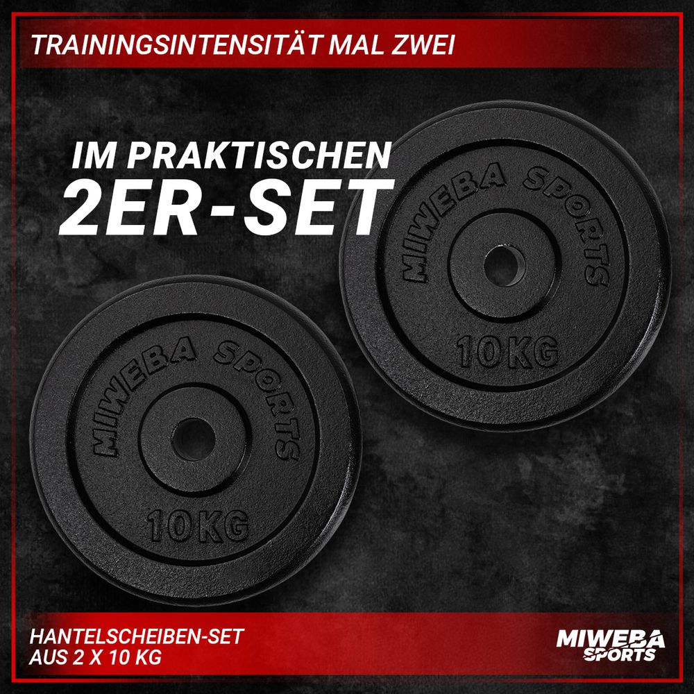 Miweba Sports Hantelscheiben Set | Gusseisen - Hantelgewichte - Gewichtsscheiben - Fitness Scheiben - Gewichte für Hantel - Ø30mm - Schwarz - 2x10 kg