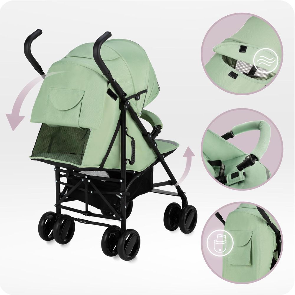 MoMi AKIRA – Ultraleichter Baby Kompaktbuggy 6,7 kg mit verstellbarer Rückenlehne & Drehbügel, inkl. Tasche & Moskitonetz, bis 15 kg – Grün