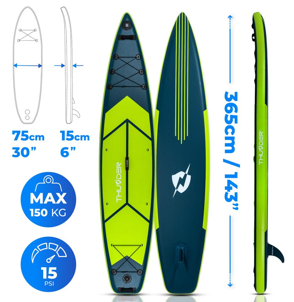 THUNDER® | VISO 365 | Nadmuchiwana deska SUP | 365 cm | Funkcja kajaka 2 w 1 | Kompletny zestaw z plecakiem | 15 PSI | Maks. waga użytkownika 150 kg