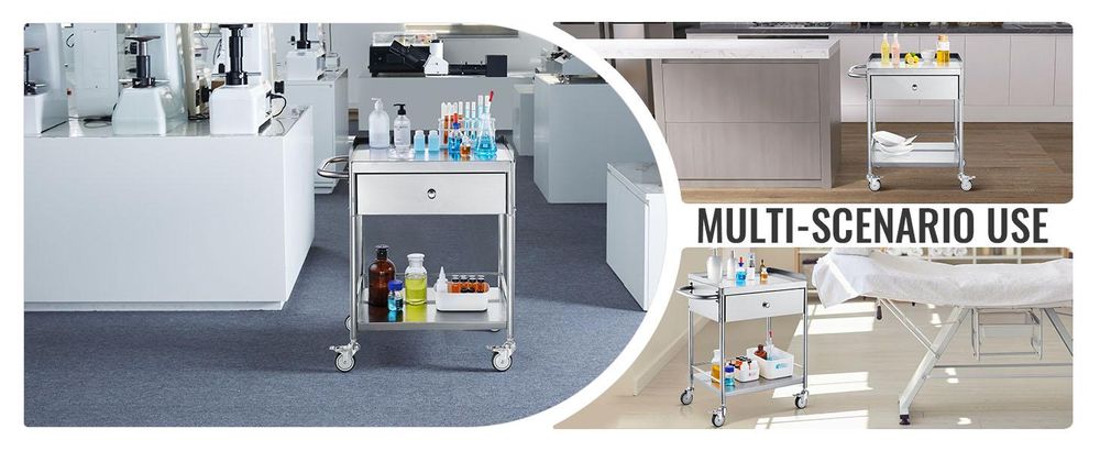 VEVOR Edelstahlwagen, 3-lagiger Labor-Nutzwagen mit 181,4 kg Tragfähigkeit, medizinischer Wagen mit abschließbaren Universalrädern, für Labor, Klinik, Küche, Salon, 2 Schichten