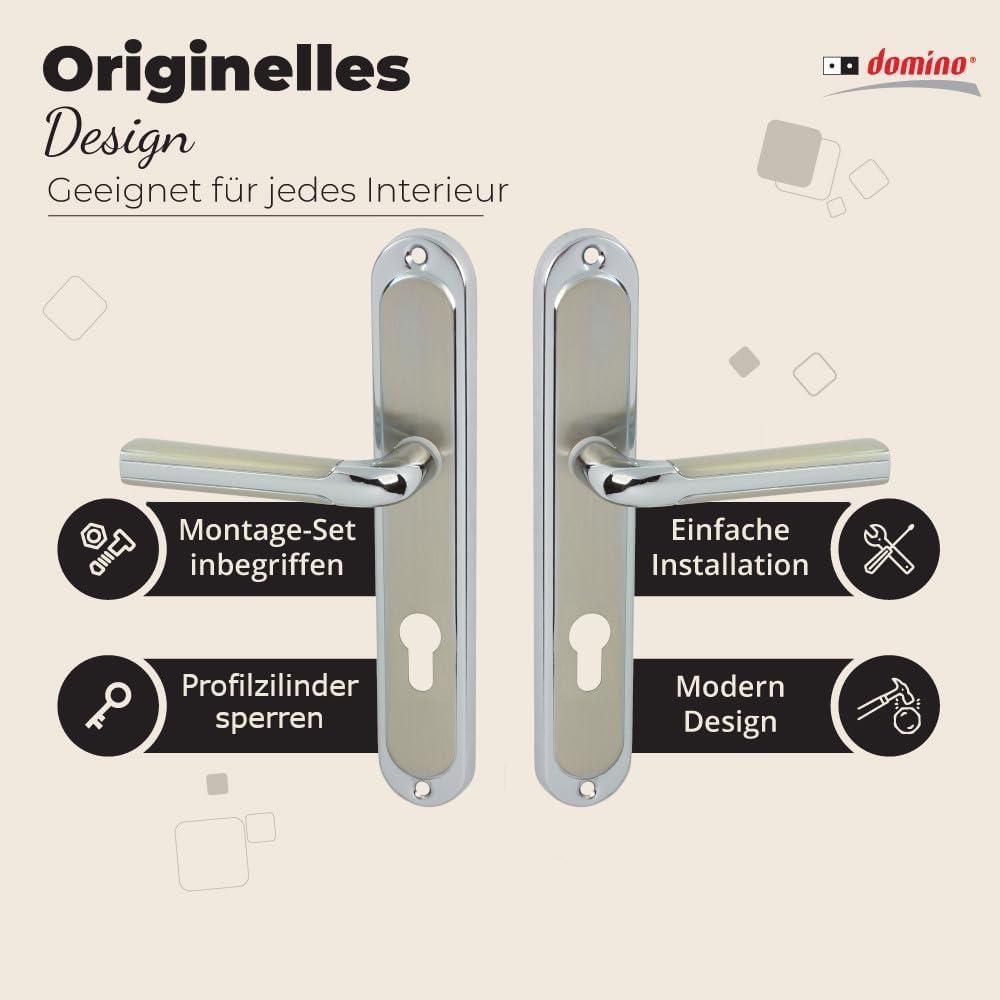 DOMINO Türgriff 72 Drückergarnitur PZ - Profilzylinder Set | Türklinke für Zimmertür, Bürotür, Kellertür & Innentür | Aluminium | Silber | RIO M6/M9 |