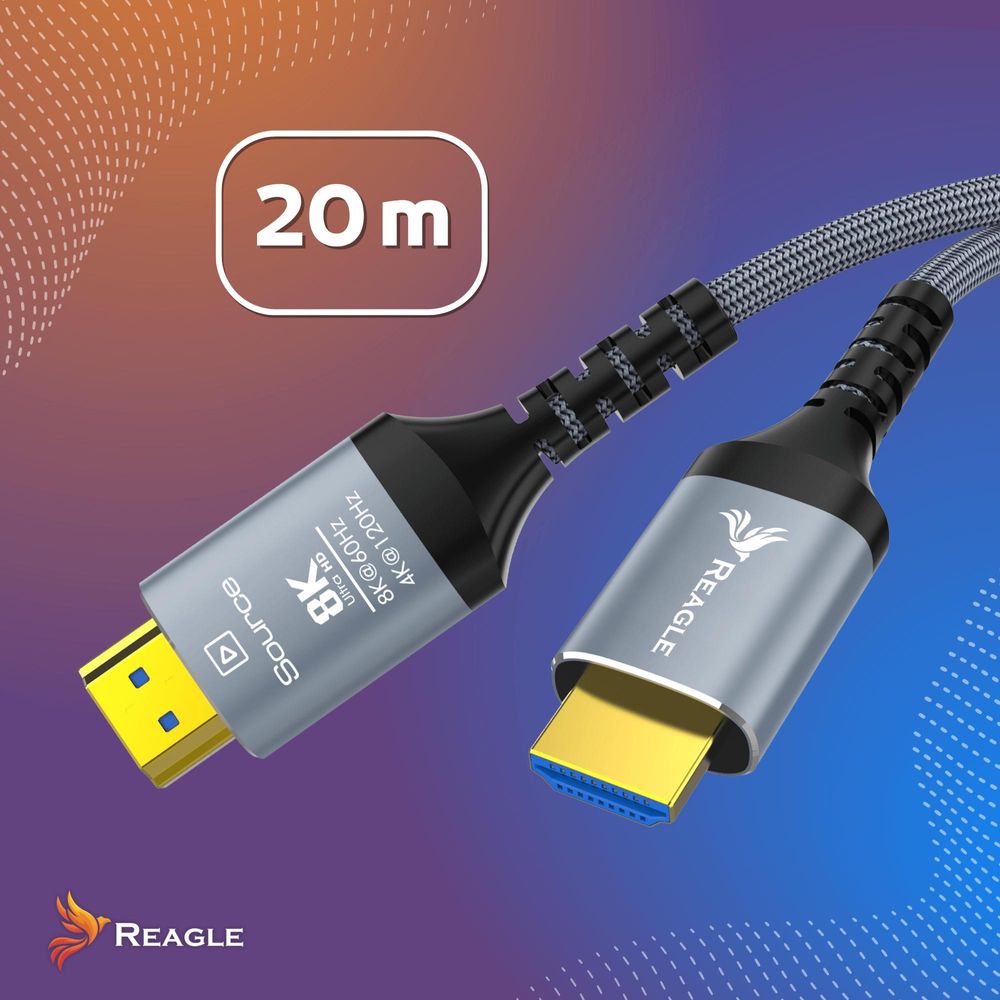 Optisches HDMI 2.1 Kabel 20m Glasfaser AOC 8K 60Hz 4K 144Hz 48Gbps Unidirektional Ultra High Speed für PS5 Xbox TV Monitor Geflochten Reagle