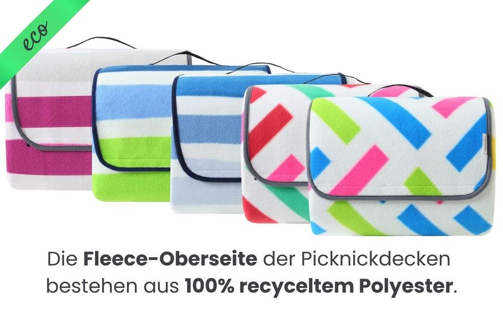 wometo eco-line Picknickdecke 100% recyceltes Fleece gesteppte Campingdecke XXL 200x200 Grafik pink mint isoliert wasserdicht waschbar