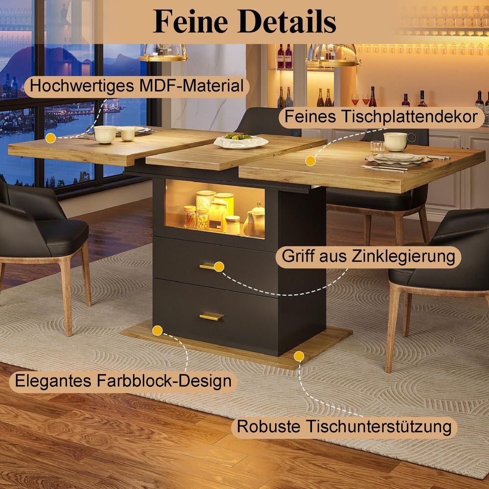 STILVORA Esstisch mit LED-Beleuchtung, Ausziehbarer Esszimmertisch für 6 Personen, Tischbeine mit Stauraum, für Terrasse und Garten, Ausziehbares Tischplatten-Design
