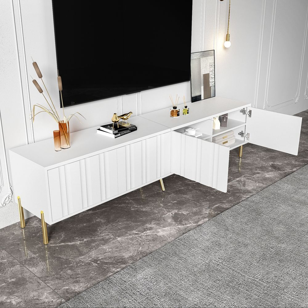 Merax Lowboard mit goldenen Beinen und gerilltem Tür, TV-Schrank mit Trennwänden, Fernsehtisch – Stauraum für Elektronik, Weiß