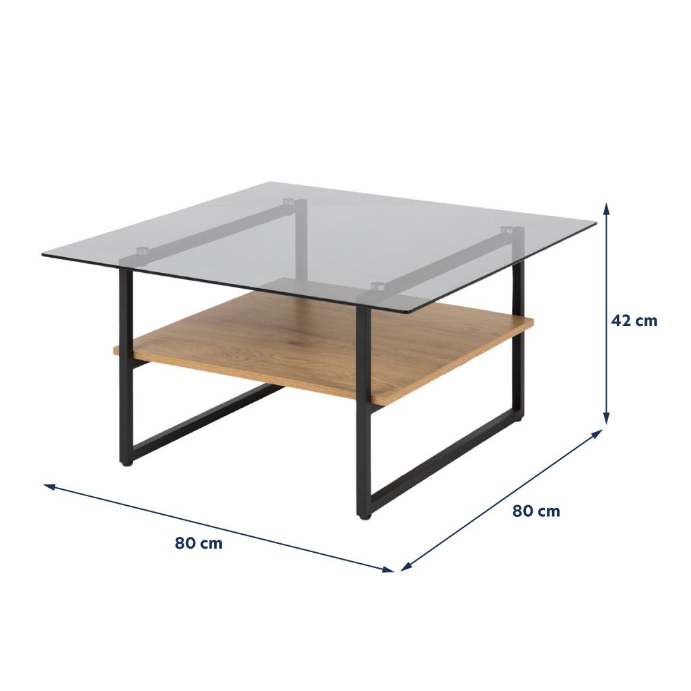 Selsey Beistelltisch HIDEKO - Couchtisch mit Glasplatte, schwarzem Metallgestell und Ablage in Eichenoptik, quadratisch, 80x80 cm
