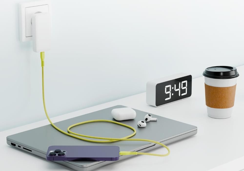 Cavo QUALO Nylon USB-C per USB-C – 1,5 m, 3 A, Giallo QKN-CC-05, Ricarica Rapida 60W
