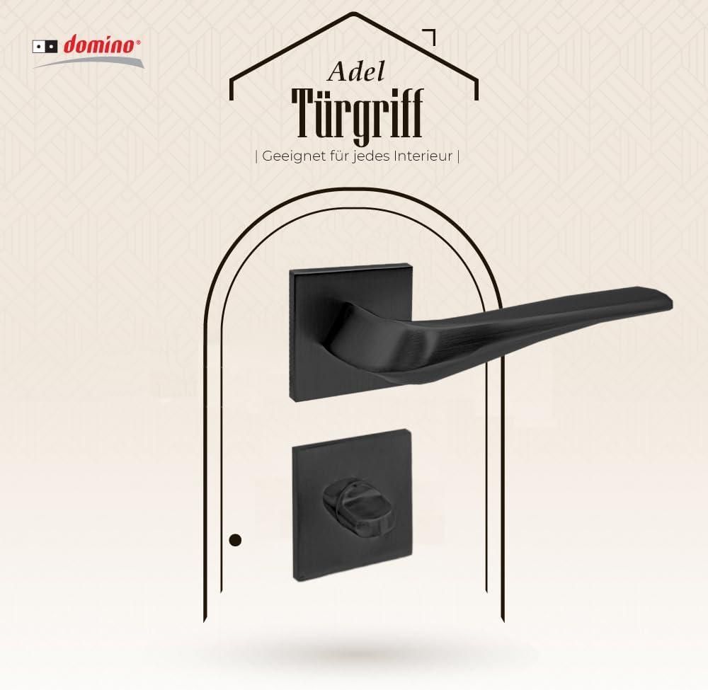DOMINO Türgriff Drückergarnitur WC - Badezimmer Set | Tür-klinke für Zimmertür, Bürotür, Kellertür & Innentür | Aluminium | Schwarz | ADEL-QR BLACK |