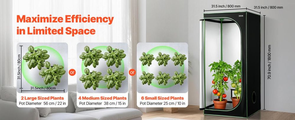 VEVOR Indoor-Grow-Zelt, 60 x 60 x 180 cm, 600D hochreflektierendes Mylar, Indoor-Pflanzenzelt mit Beobachtungsfenster, Bodenwanne & Reißverschluss, strapazierfähige Anbauzelte für Obst, Blumen und Gemüse, 80x80x180 cm
