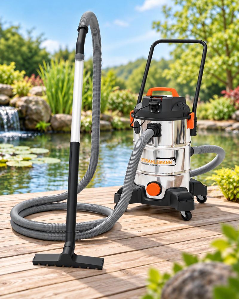 Strahlemann Teichsauger mit 1200 W Saugmotor, 35 l Behälter und Saugschlauch am Gartenteich