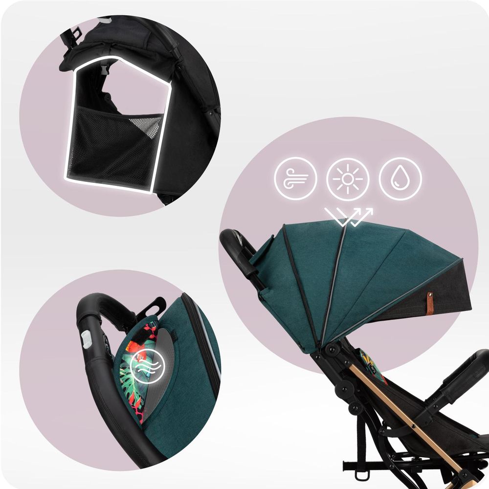 MoMi ESTELLE – Ultraleichter Baby Kompaktbuggy 7,7 kg mit Einhand-Faltung, Trolley-Funktion & Liegeposition, ideal für Reisen – Grün/Gold