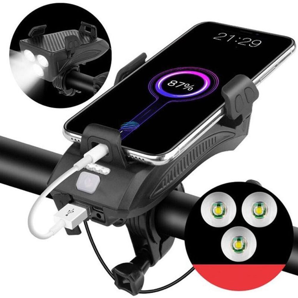 MUNDO® Fahrrad Handyhalterung mit Licht, Hupe und Powerbank – Wasserdicht, 400 Lumen LED Fahrradlampe, Halterung für Smartphones 4,6–6,3 Zoll
