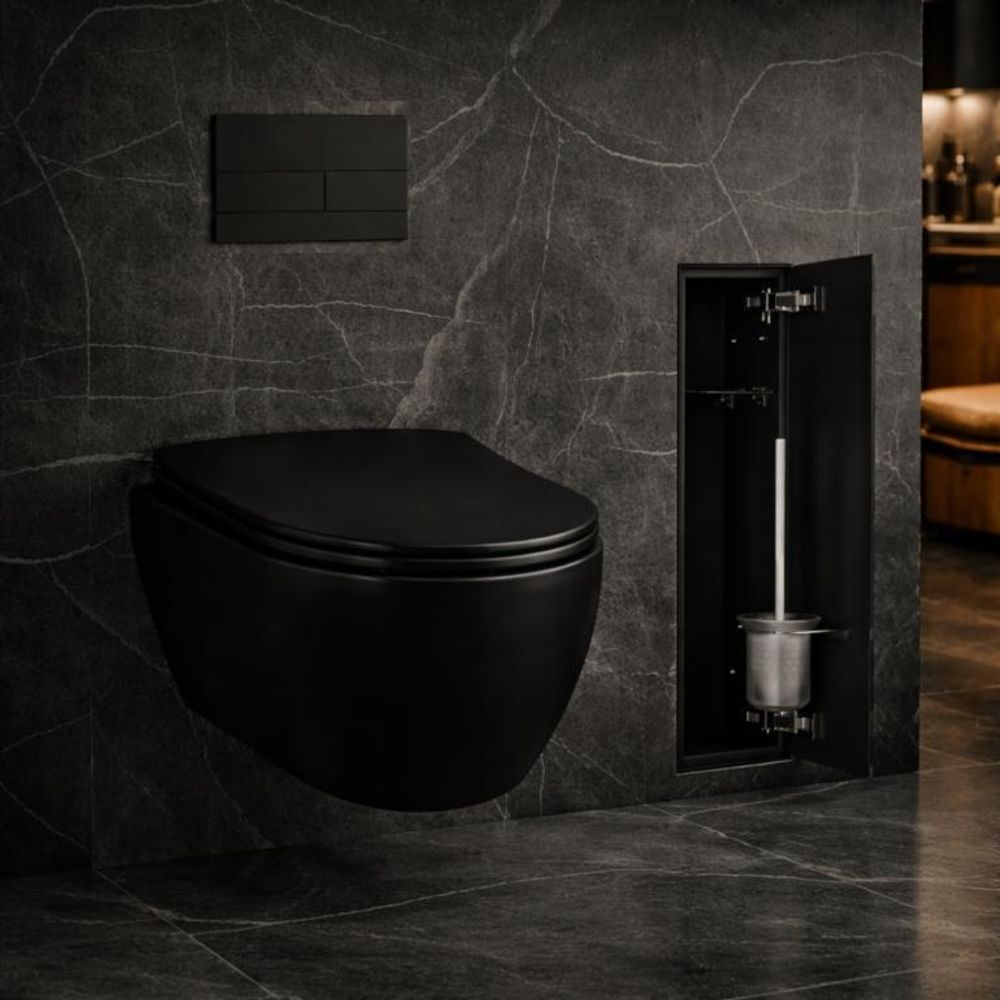 Dezent verborgener WC-Bürstenhalter zur Unterputzmontage neben dem Wand-WC