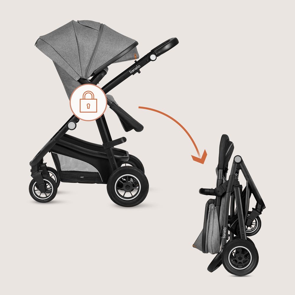 Lionelo Bianka 3in1 Kinderwagen, Autotransporter, Autositz, klappbar, Travel System Rückenlehne verstellbar 360o Räder Polsterung, Verdeck XXL-Grau