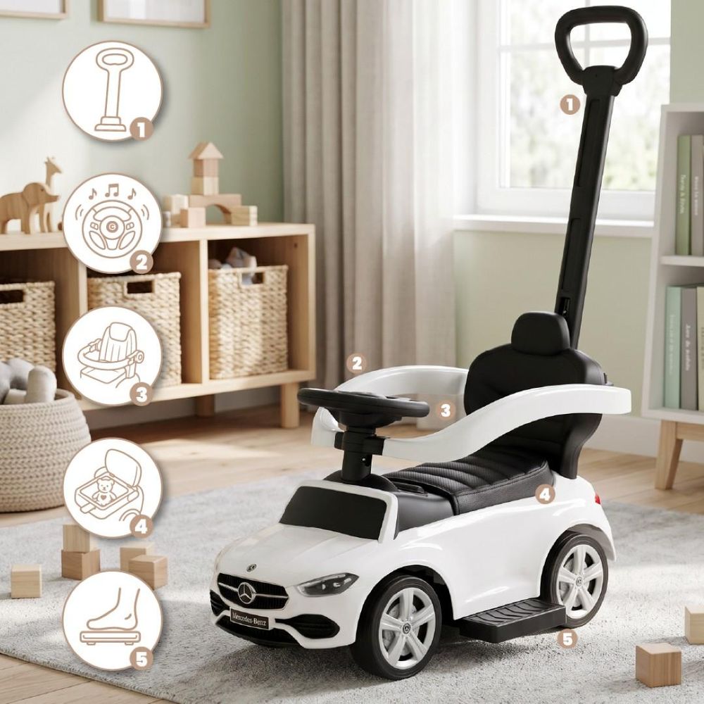 Porteur Mercedes-Benz blanc dans une chambre d’enfant, avec icônes illustrant les fonctionnalités.