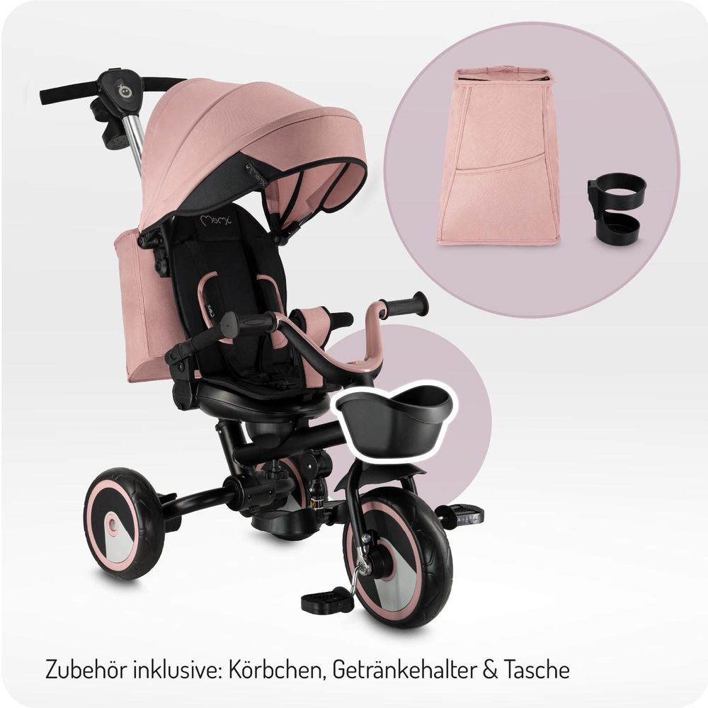 MoMi IVI Kinderdreirad 3-in-1 Rosa – 360° drehbarer Sitz, 3-Punkt-Gurt, höhenverstellbare Schiebestange, Sonnendach, PolyurethanRäder, Frontkorb – ab 9 Monaten