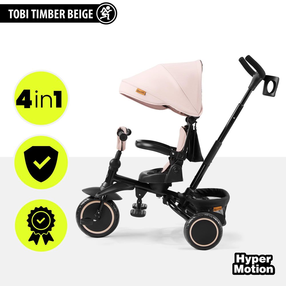 HyperMotion Rowerek Trójkołowy TOBI TIMBER, Rower dla Dziecka 1-5 Lat, Składany, Wielofunkcyjny, z Daszkiem i Uchwytem na Napój, Beżowy