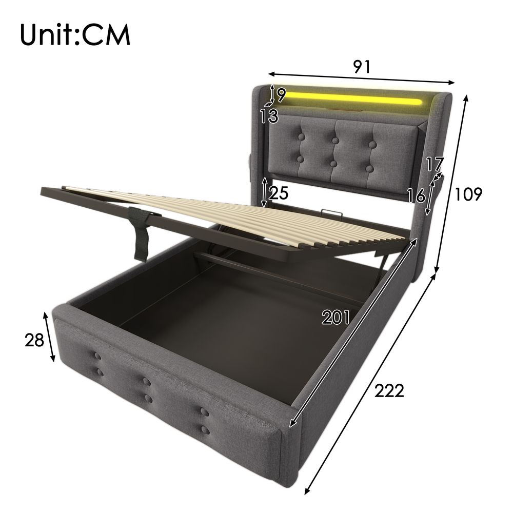 Flieks Polsterbett 90x200cm mit Ladefunktion, Einzelbett Jugendbett mit LED, Hydraulisches Stauraumbett Boxspringbett mit Lattenrost, Baumwolle, Grau
