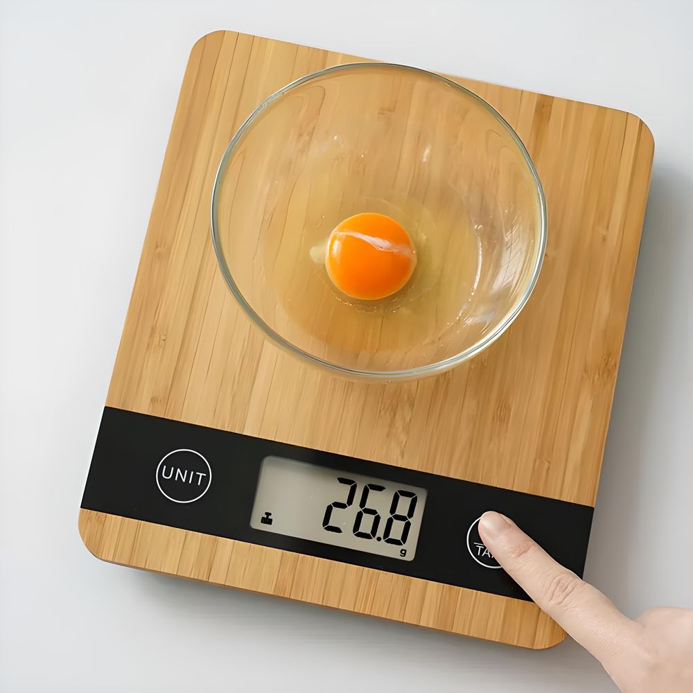 Digitale Küchenwaage bis 5kg Tragkraft mit gehärtetes Glas Digitalwaage Zuwiegefunktion LCD-Anzeige Haushaltswaage Tara Essenswaage Bambus Retoo