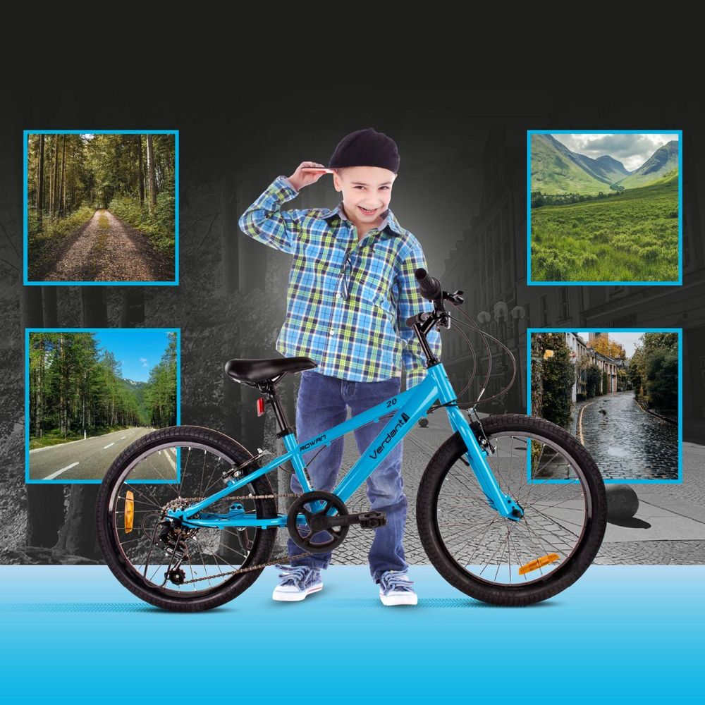 Kind mit Fahrrad vor Natur- und Stadtmotiven