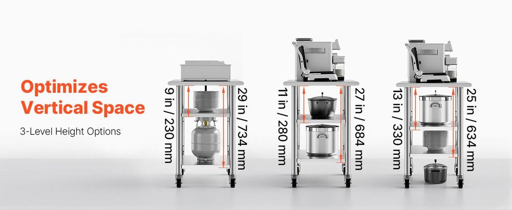 VEVOR Edelstahl Vorbereitungs Tisch, 24 x 24 x 34 Zoll, Schwerlast Metall Arbeitstisch mit 3 verstellbaren Höhenstufen, Gewerbliche Arbeitsstation für Küche Garage Restaurant Garten