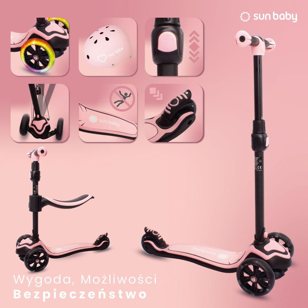 Collage de detalles del patinete SUN BABY: ruedas LED, freno, manillar y asiento