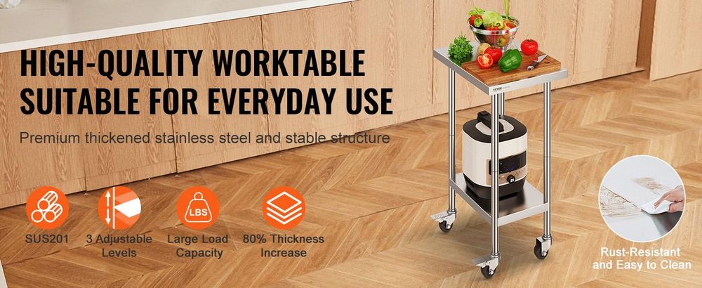 VEVOR Edelstahl Vorbereitungs Tisch, 24 x 24 x 34 Zoll, Schwerlast Metall Arbeitstisch mit 3 verstellbaren Höhenstufen, Gewerbliche Arbeitsstation für Küche Garage Restaurant Garten, 610x457 mm