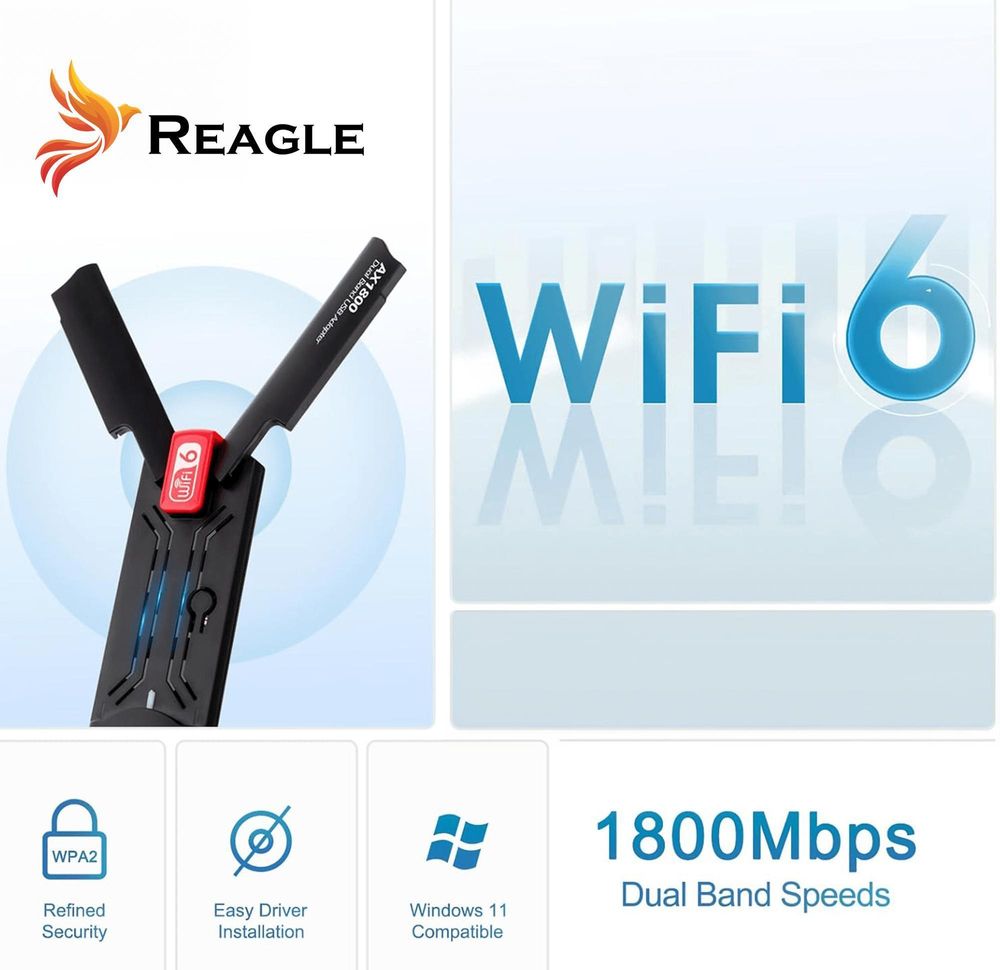 WLAN Stick Wi-Fi 6 USB 3.0 Adapter 1800Mbps AX1800 Dual Band Netzwerkkarte 5dBi Antennen für PC Laptop Gaming Streaming Windows 11 Reagle