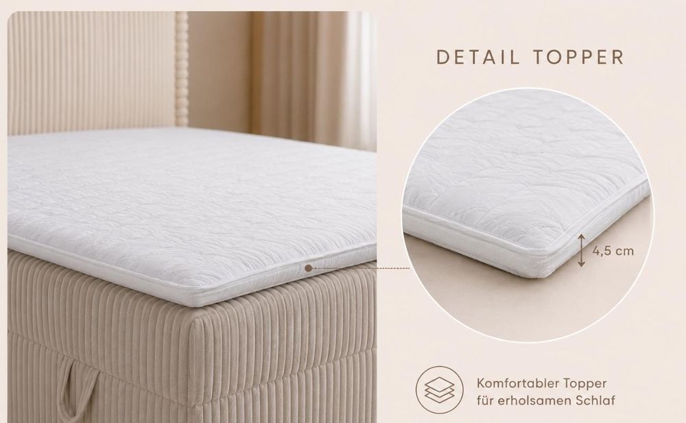 MOEBLO Boxspringbett Bett 04 – Boxspringbett aus Cord, Polsterbett Kontinentalbett Doppelbett mit Bonell-Matratze, Topper und Bettkasten (gepolstertes Kopfteil, Boxspring) - 160 x 200 - Ambience 02 Creme