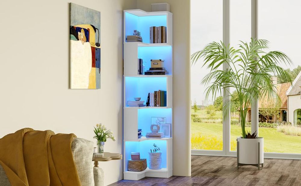 Merax Eckbücherregal, mit LED-Lichtleiste, 5 Ebenen L-förmiges Bücherregal, Badezimmerschrank, für Wohnzimmer Schlafzimmer Büro, Weiß