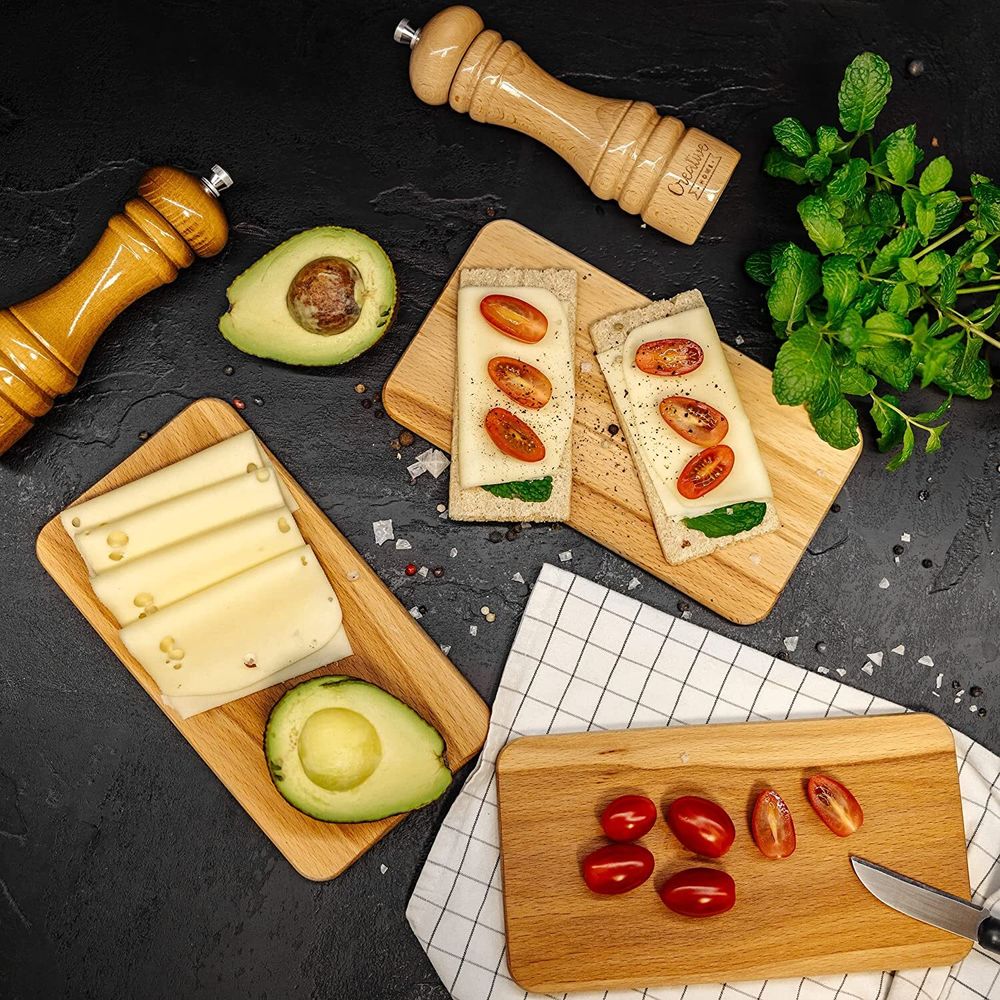 Creative Home Frühstücksbrettchen-Set 10 Stück Holz | 22.5 x 12.5 x 1.2 cm | Holzschneidebrett | Umkehrbar Schneidbrett | Holzbrett Küche für Brot Fleisch Gemüse Käse & Schinken