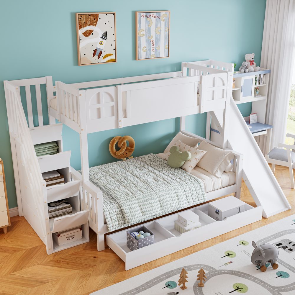 Merax Etagenbett Kinderbett 90x200 & 120x200 cm mit Rutsche & Fenster, Treppe mit Stauraum, Schublade mit Rollen, Abenteuerbett für Kinderzimmer