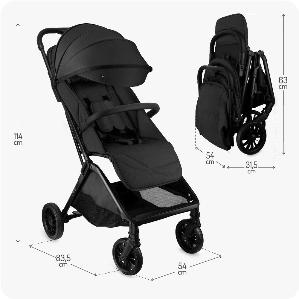 MoMi ANDREA – Ultraleichter Baby Kompaktbuggy 7,3 kg mit automatischer Faltung & Drehbügel, bis 22 kg, inkl. Rucksack & Zubehörset – Schwarz