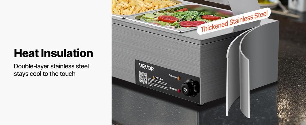VEVOR 8-Pfannen Gewerblicher Speisenwärmer, 8 x 8QT Elektrischer Dampftisch mit Glasabdeckung, 1700W Edelstahl Buffet Bain Marie 86-185°F Temperaturregelung für Catering, Restaurants, Silber, 3 x 1/2-Größe Pfannen