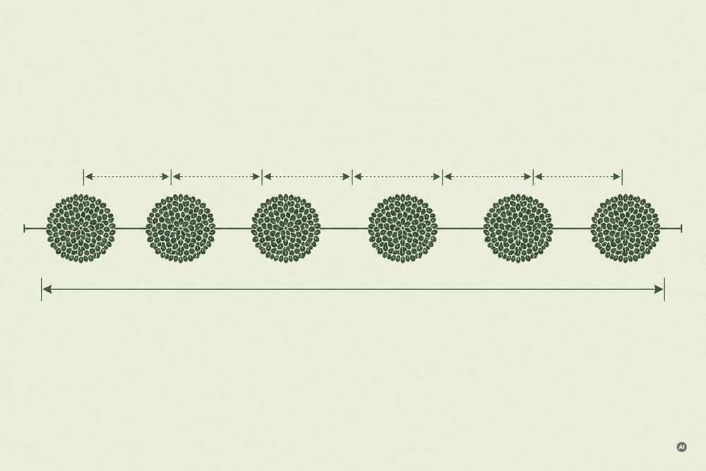Draufsicht-Infografik: Pflanzlinie mit Abständen + Beispielrechnung als Raster.