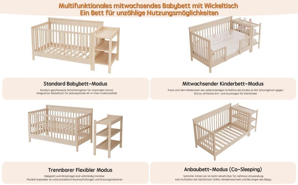 Merax 3-in-1 Babybett 140x70 cm, Massivholz Kinderbett, 3-fach höhenverstellbar, Beistellbett & Sofa-Modus, mit Wickeltisch, Regal, Schutzzaun, Natur