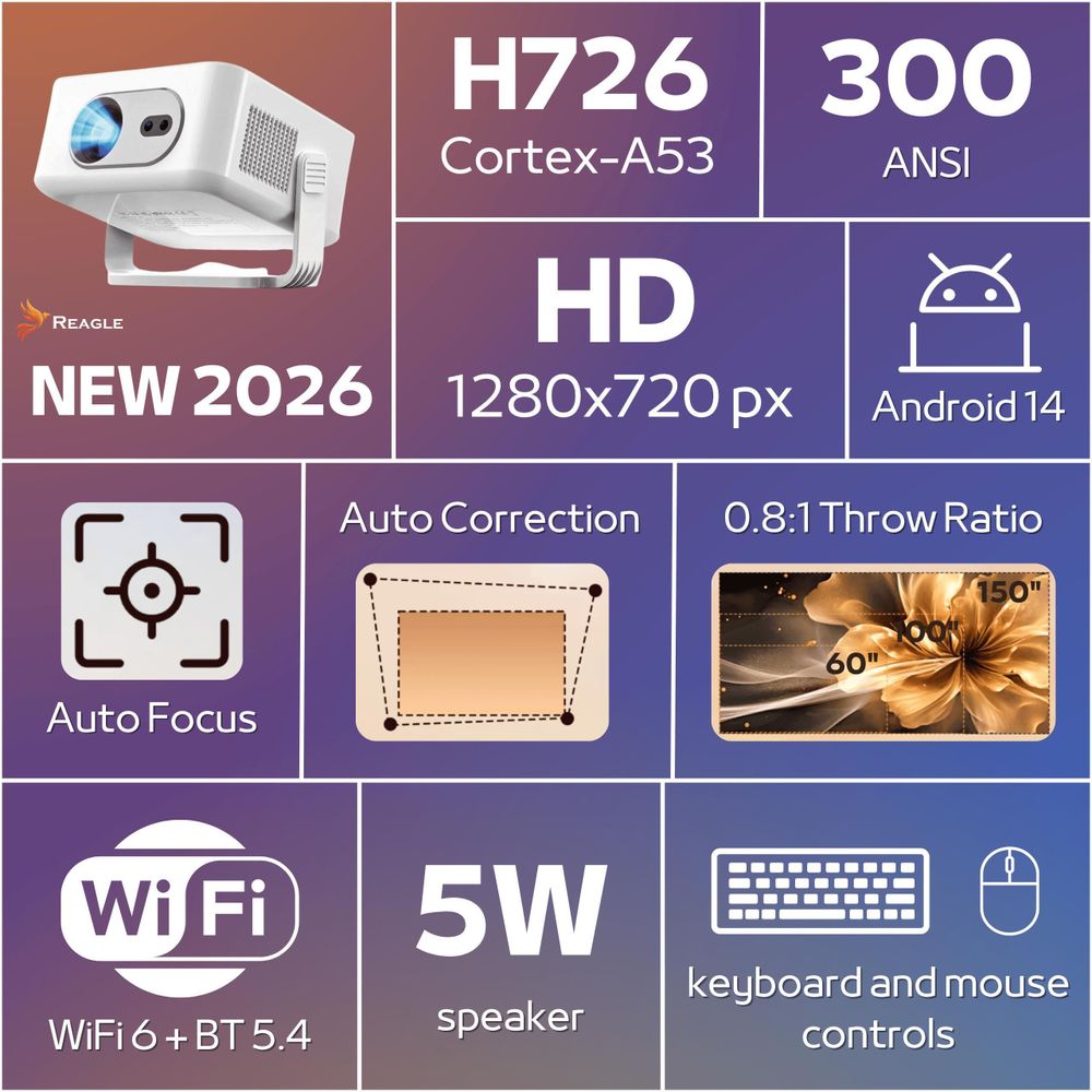 Smart Beamer Android 14 4K 300 ANSI WLAN Bluetooth 6 Autofokus Keystone 150" Tragbar Mini Projektor Heimkino Reagle