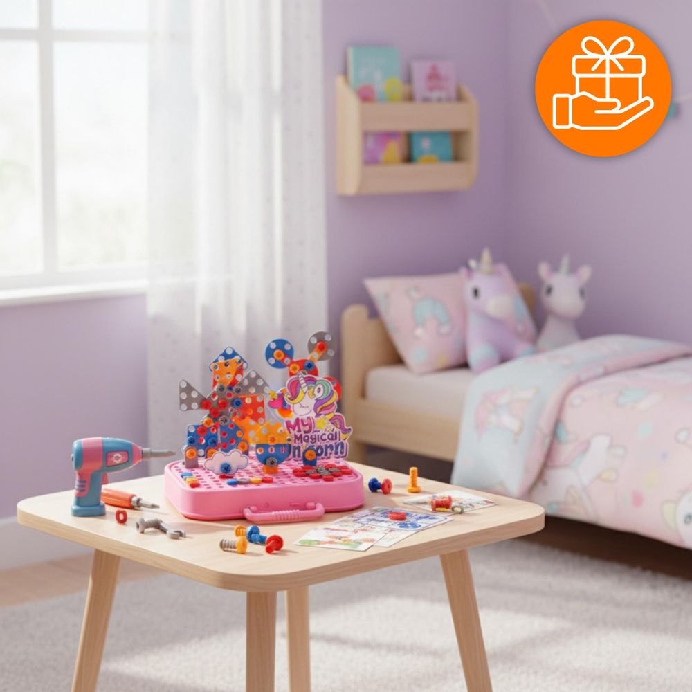 Einhorn Konstruktionsspielzeug 228 Teile, Montessori Werkzeugkasten mit Elektroschrauber, 3D Mosaik Steckspiel ab 3 Jahren, EVI TOYS Unicorn