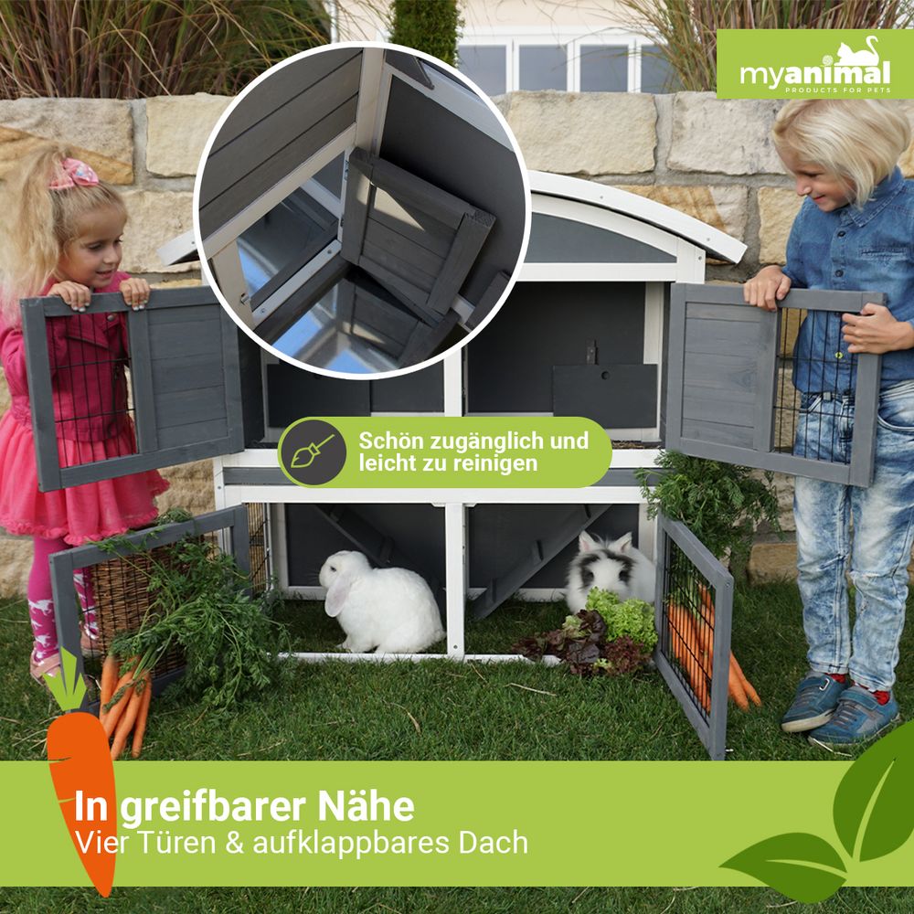 MyAnimal Hasenstall MH-33 | Hasenkäfig XXL Zweistöckig - Kaninchenstall - 4 Türen - Kleintierstall -Kaninchen - Hasen - Dach zum Öffnen (Grau/Weiß)