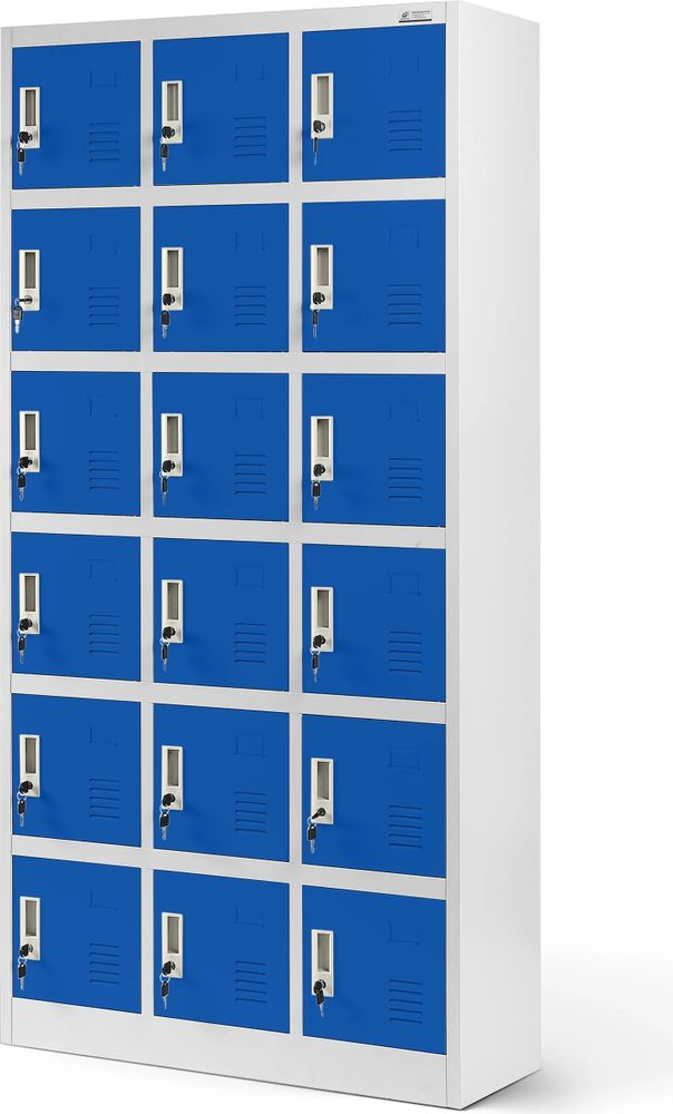 Umkleideschrank 3B6A Fächerschrank Schließfachschrank Wertfachschrank Metallspind Stahlblech 18 Fächer 185 cm x 90 cm x 40 cm Farbe: Grau-blau