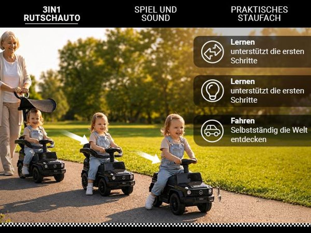 Actionbikes Motors Mercedes Benz G350d Rutschauto | 3in1 Kinderschieber - Lauflernwagen - Kinderauto - Schiebefahrzeug mit Sonnendach - ab 1 Jahr