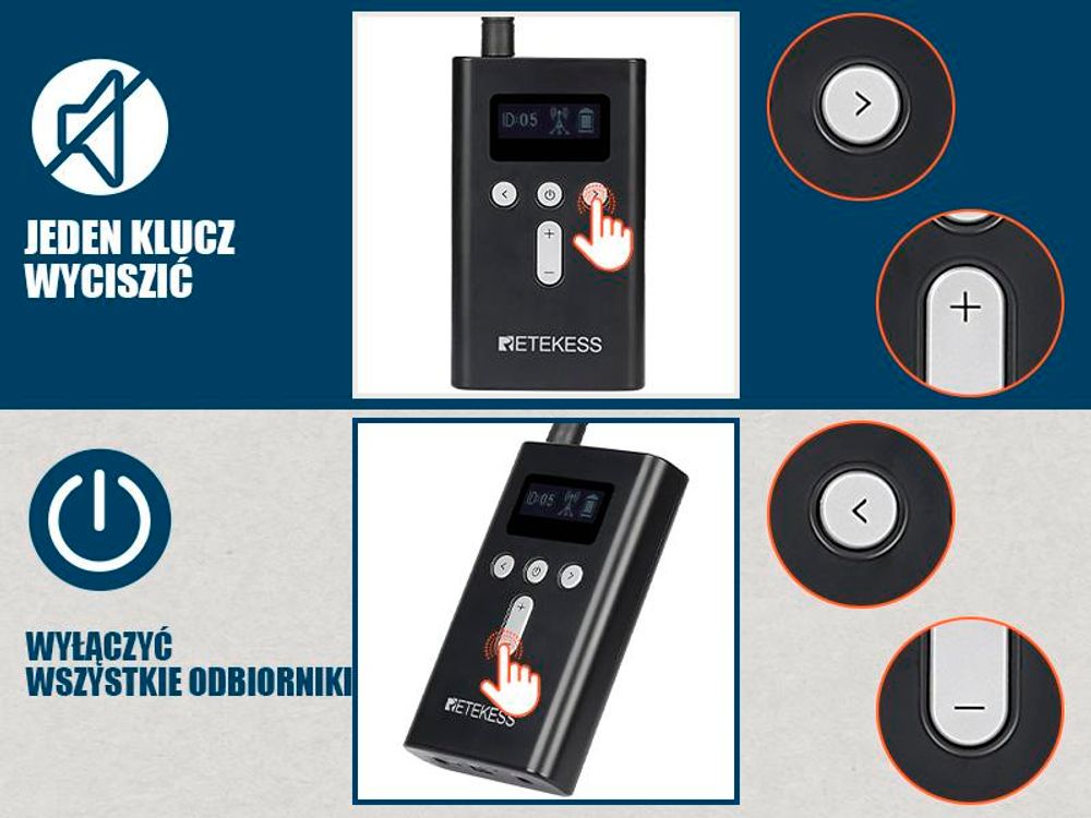 Retekess T130S TOUR guide system, komunikator bezprzewodowy, 49 kanałów, standby 20H, 100M, technologia PLL, dla biur podróży