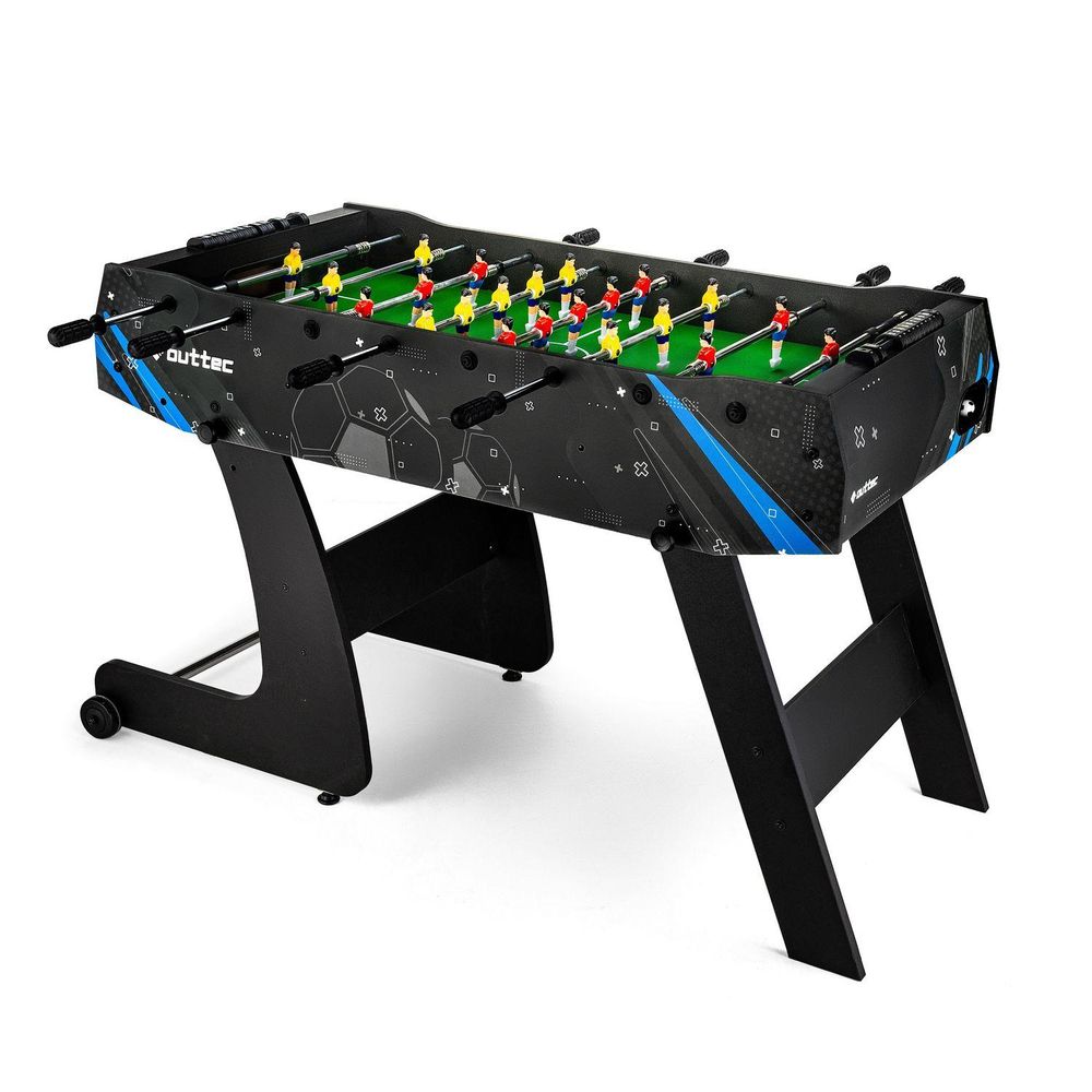 Klappbarer Tischkicker in Schwarz und Blau, schräg