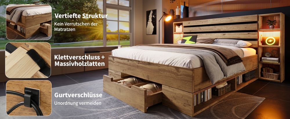 MODFU Doppelbett Massivholzbett 180×200cm mit LED-Beleuchtung und USB C Stauraum-Kopfteil und Schubladen, Bettgestell mit Lattenrost, Eiche(Ohne Matratze)