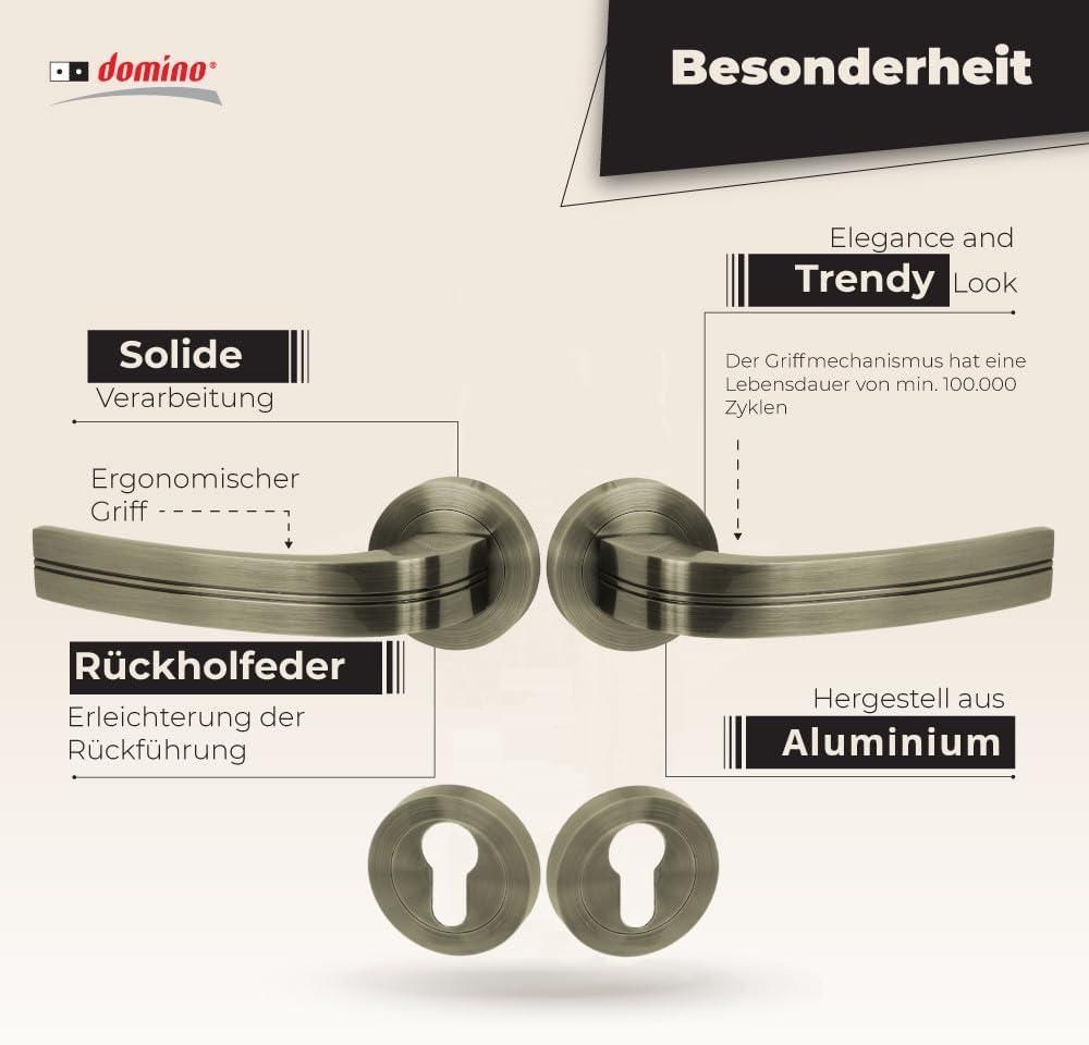 DOMINO Türgriff Drückergarnitur PZ - Profilzylinder Set | Rund-Rosette | Türklinke für Zimmertür, Bürotür, Kellertür & Innentür | Türbeschläge aus Aluminium | Bronze Türdrückergarnitur | DEKAN-R M3