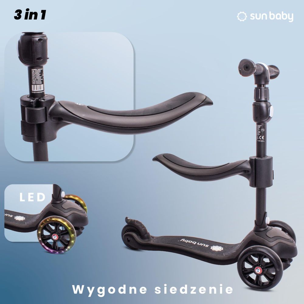 Detalle del asiento ajustable y ruedas LED del patinete SUN BABY