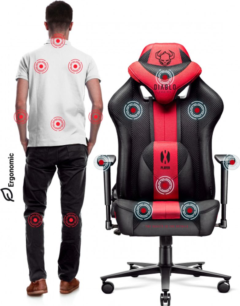 Diablo X-Player Gaming Stuhl Bürostuhl Schreibtischstuhl Stoff 3D Armlehnen Ergonomisches Design Nacken/- Lendenkissen, Farbe: Anthrazit-Rot, Größe: Normal