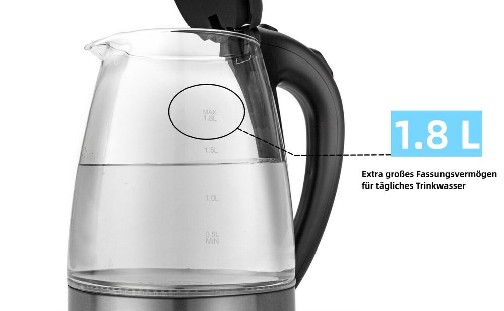 FCH Wasserkocher , 1,8 L, Edelstahl Glas LED Beleuchtung BPA-frei,Wasser effizient kochen und Energie sparen,2000W