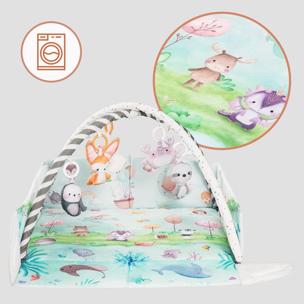 Lionelo Spielmatte mit Spielbogen Anika Natural aus Bambus mit 8 abnehmbaren Spielzeugen, baby spieldecke mit spielbogen