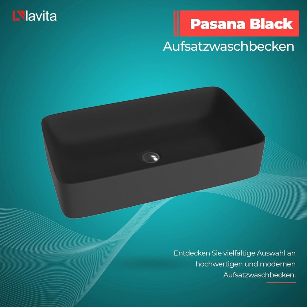 LAVITA Aufsatzwaschtisch Pasana Black| Aufsatzwaschbecken Rechteckig | Waschbecken Ohne Überlauf und Hahnloch | Aus hochwertigem Porzellan | Waschtisch | 60,5x34x11 cm | Schwarz Matt